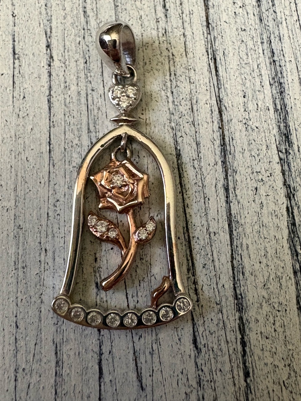 925 Sterling Silver Enchanted Rose Bell Jar Cloche Pendant Beauty & Beast Cz 1"